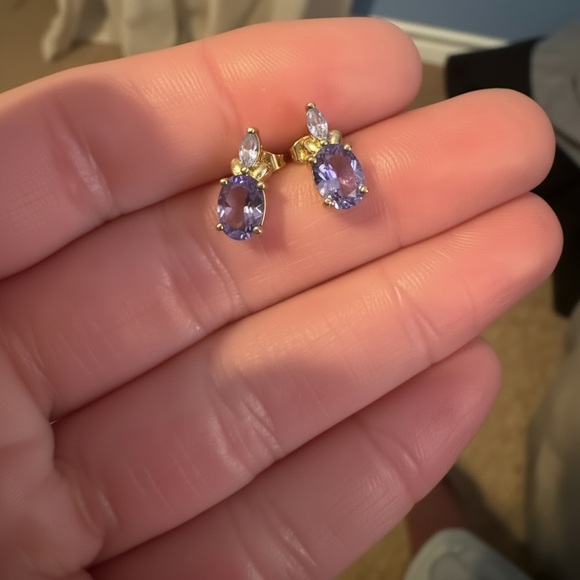 10K Gold Purple Amethyst Blue Aquamarine Stud Earrings - Picture 5 of 6